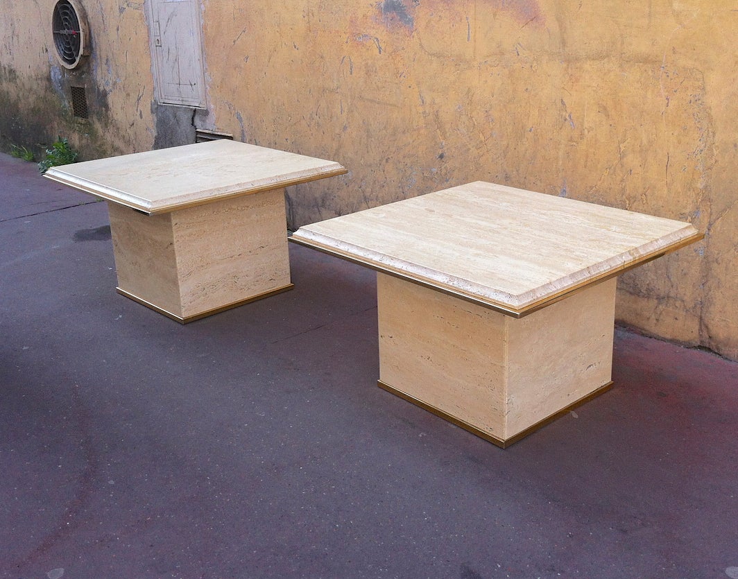 French Guy Lefevre Pair of Travertine Side Tables For Sale