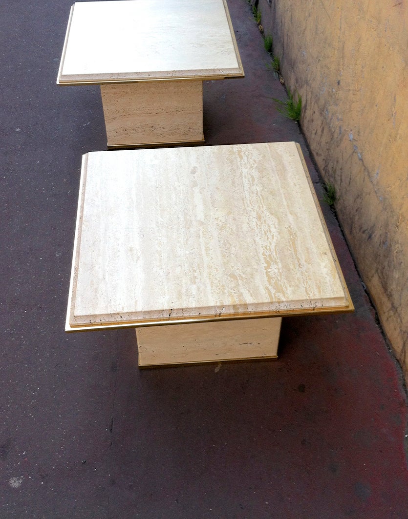 Late 20th Century Guy Lefevre Pair of Travertine Side Tables For Sale