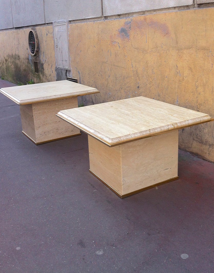Guy Lefevre pair of travertine very pure design side tables.