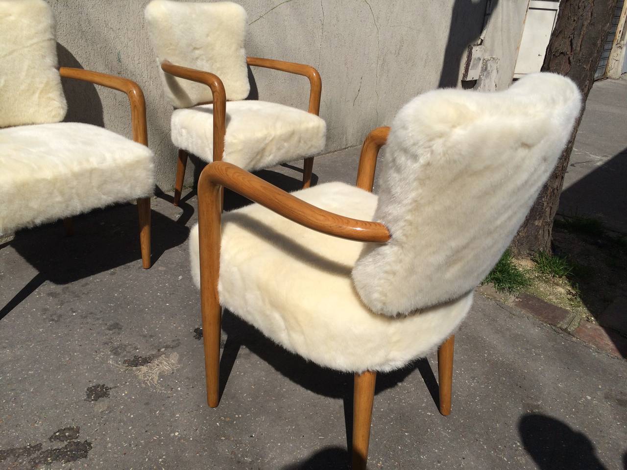 Mid-Century Modern Renou et Genissetrare Set of Three Desk Chairs Newly Covered in Faux Fur Cloth For Sale