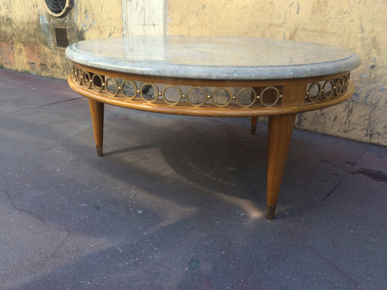 Mid-Century Modern Jean Royère Ash Tree Tri-Leg Coffee Table with Marble Top and Gold Bronze