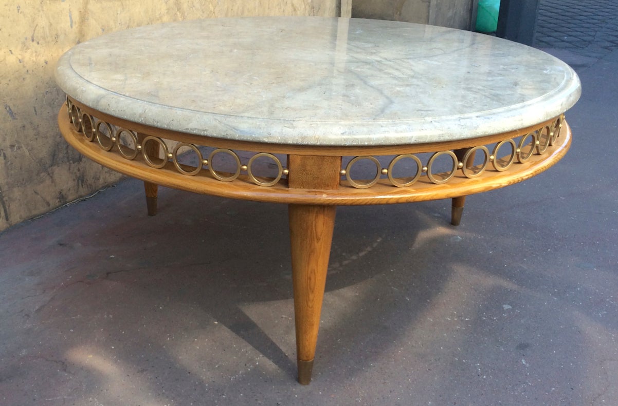 French Jean Royère Ash Tree Tri-Leg Coffee Table with Marble Top and Gold Bronze