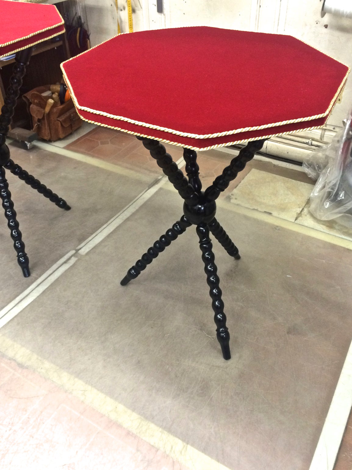 Pair of Neoclassic Side Tables with Red Velvet Top, 1940s For Sale 2