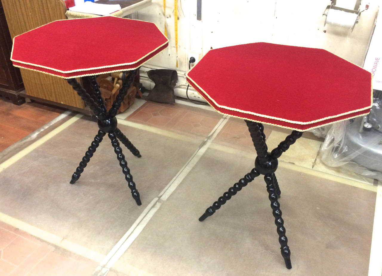 Neoclassical Pair of Neoclassic Side Tables with Red Velvet Top, 1940s For Sale