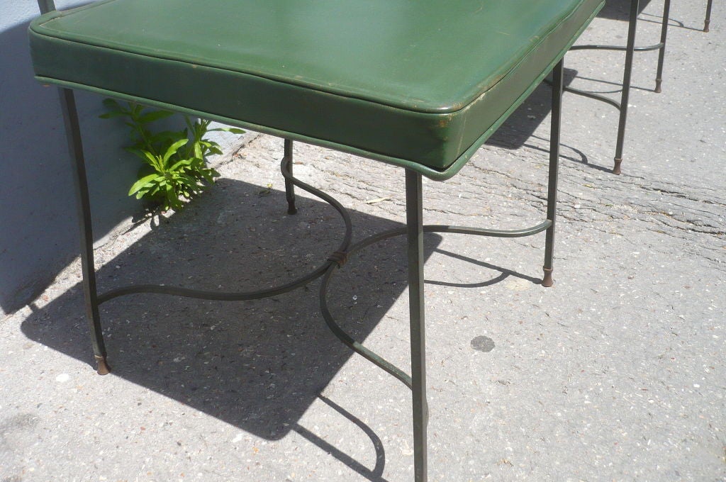 Set of Four Green Leather and Wrought Iron Chairs by Maison Jansen In Good Condition For Sale In Paris, ile de france