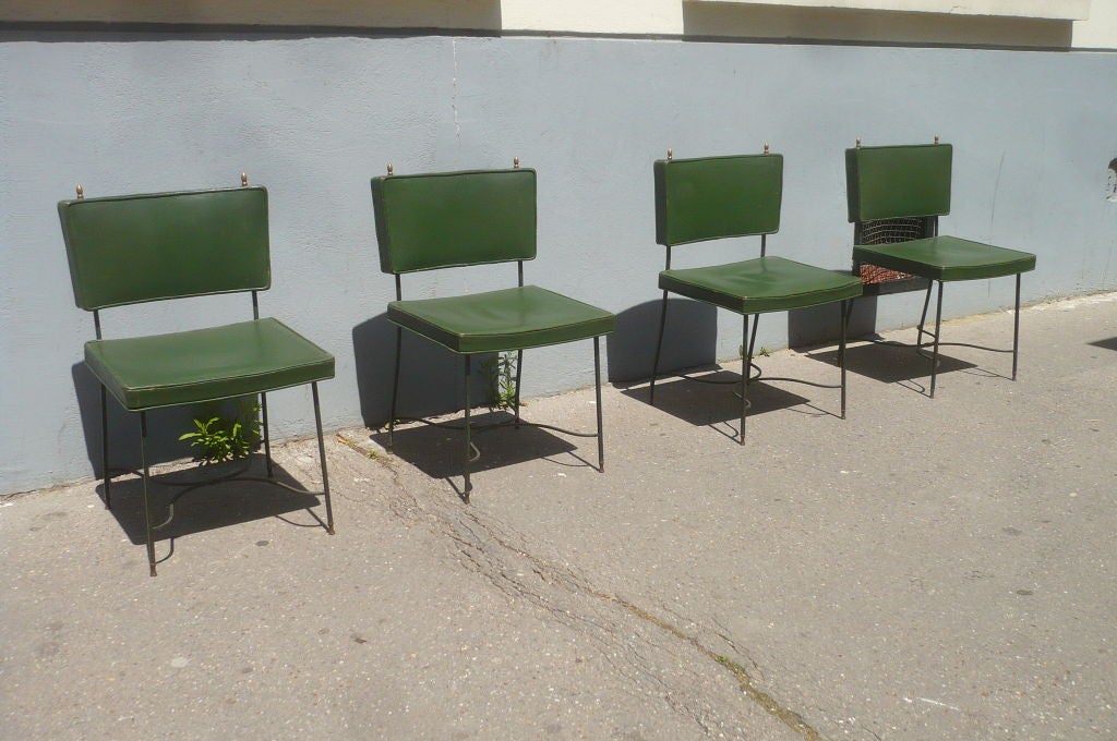 Mid-20th Century Set of Four Green Leather and Wrought Iron Chairs by Maison Jansen For Sale