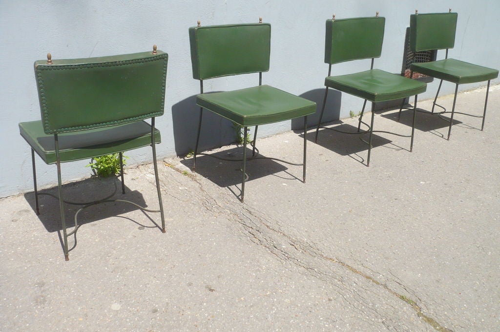 Set of Four Green Leather and Wrought Iron Chairs by Maison Jansen For Sale 1