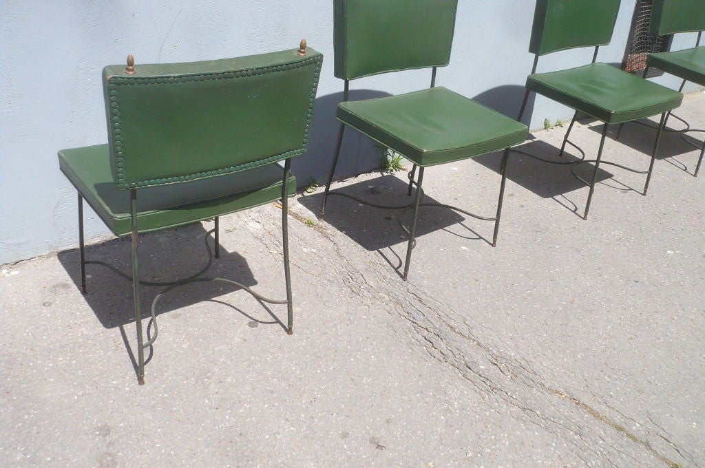 Set of Four Green Leather and Wrought Iron Chairs by Maison Jansen For Sale 2