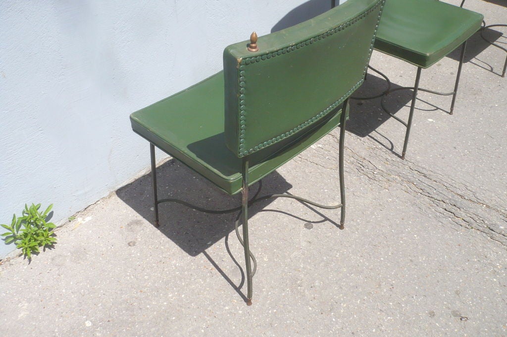 Set of Four Green Leather and Wrought Iron Chairs by Maison Jansen For Sale 3