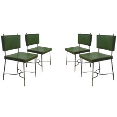 Set of Four Green Leather and Wrought Iron Chairs by Maison Jansen 7