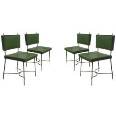 Set of Four Green Leather and Wrought Iron Chairs by Maison Jansen