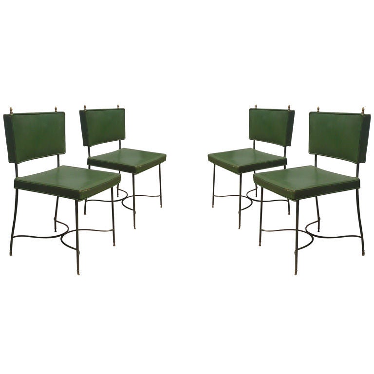 Set of Four Green Leather and Wrought Iron Chairs by Maison Jansen For Sale
