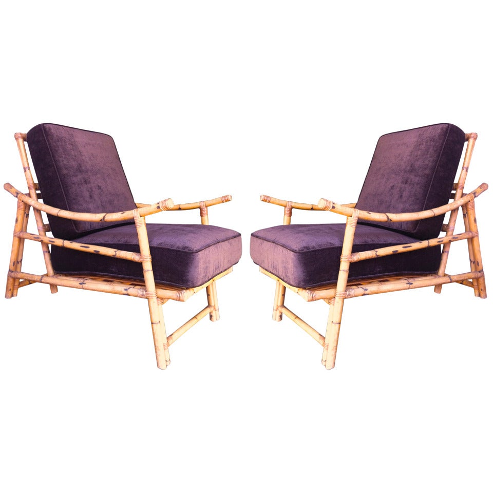 1950s French Riviera Pair of Lounge Chairs in Rattan For Sale