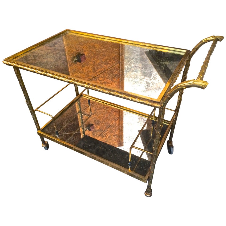 Maison Bagues Palm Tree Gold and Bronze, Two-Tier Cocktail Rolling Cart