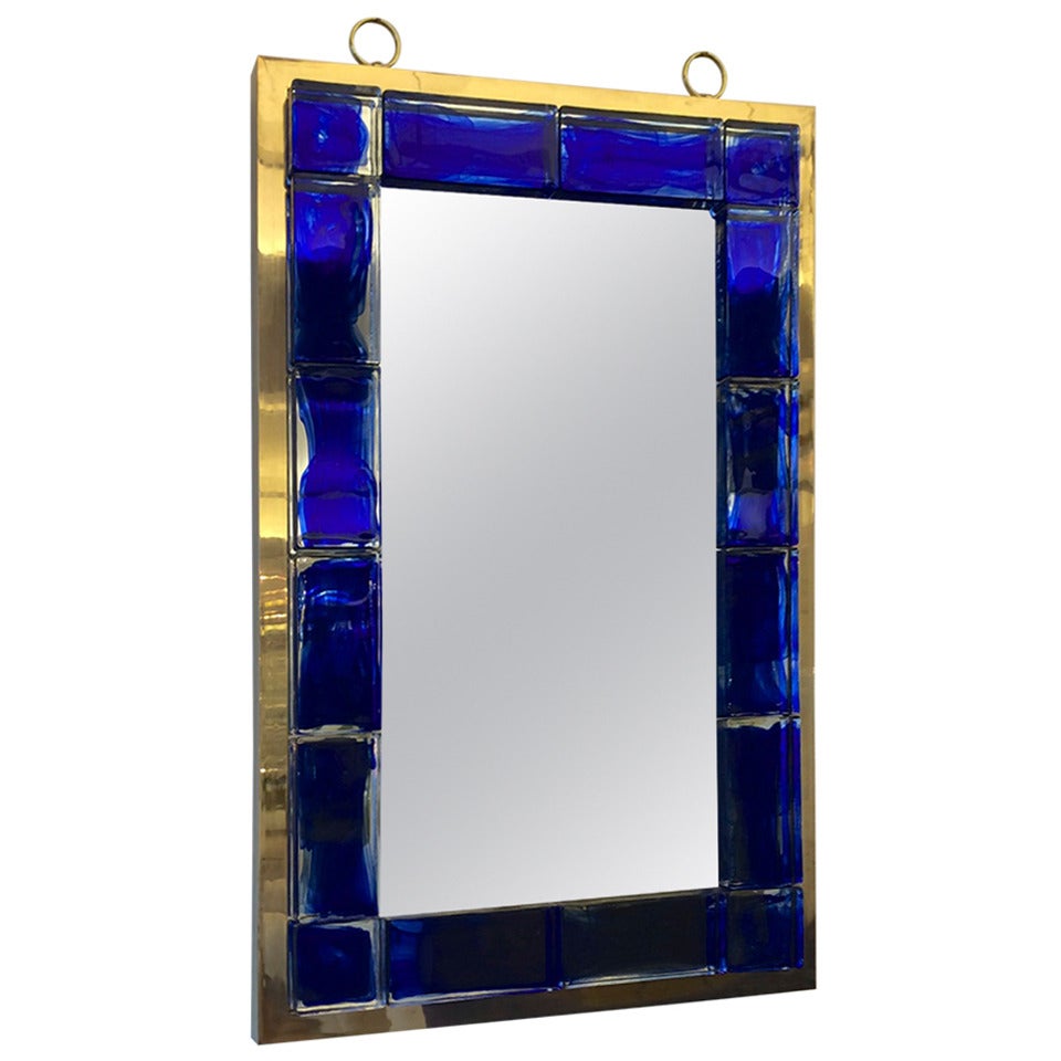 Andre Hayat Contemporary Mirror, Deep Blue Bricks with Gold Bronze Frame For Sale