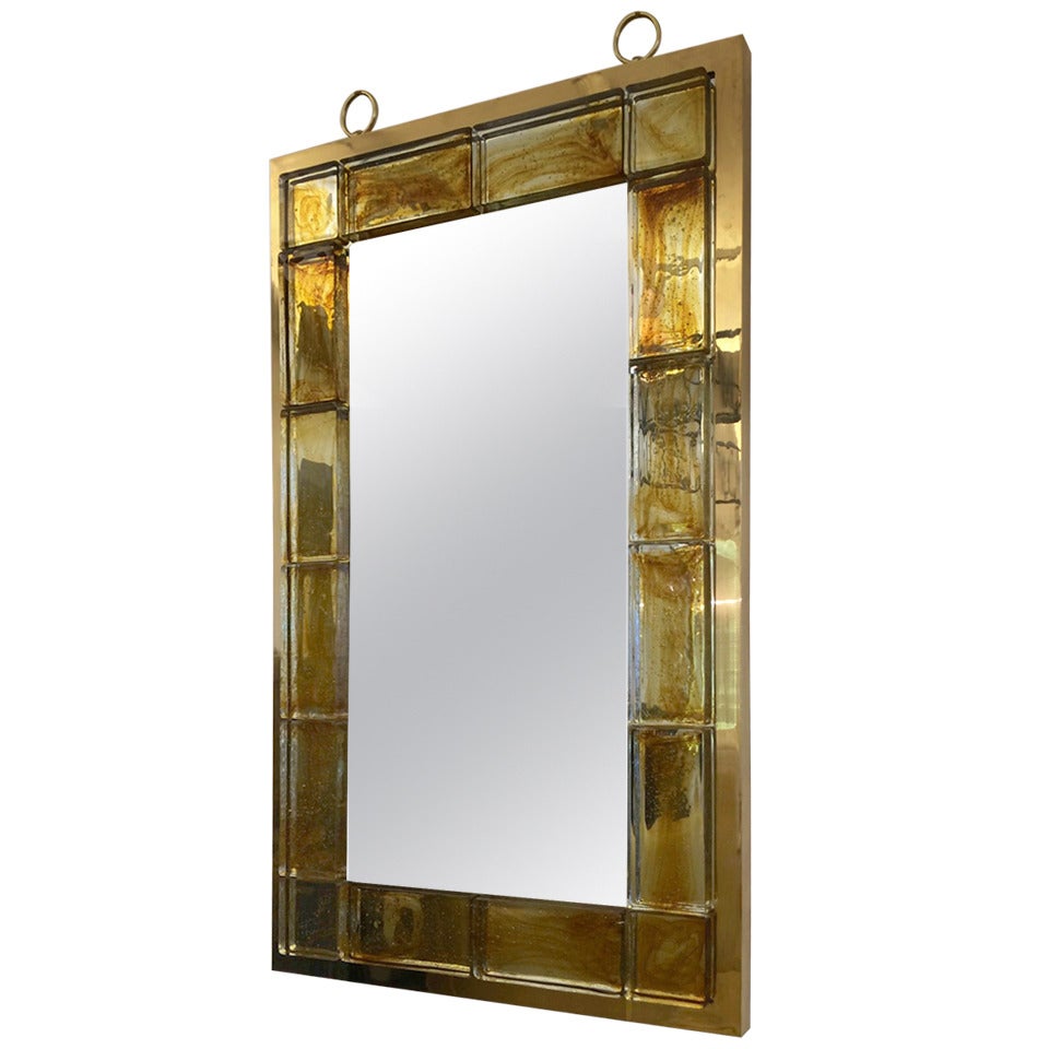 Andre Hayat Contemporary Mirror in Honey Gold Bricks with Gold Bronze Frame For Sale