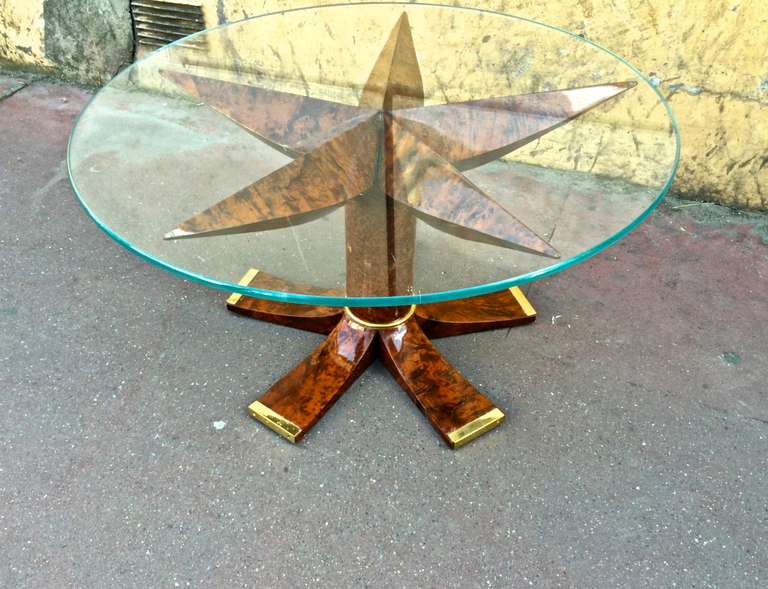 Lucien Rollin attributed rarest French Art Deco solid thuya burl coffee table with that unique five-branch stars top and bottom.