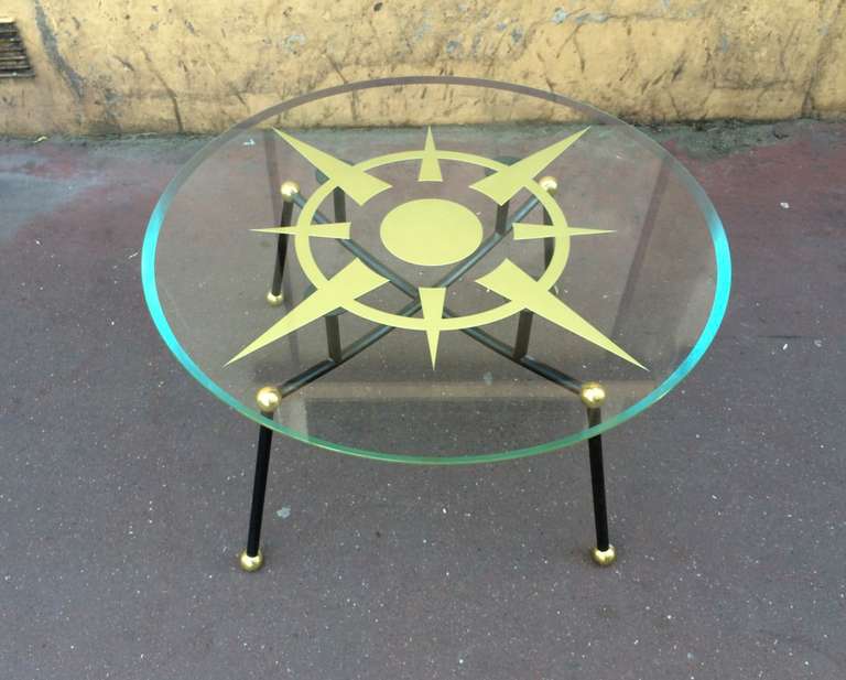 French Spectacular Atomic Coffee Table with a Compass Rose Engraved Glass Top For Sale