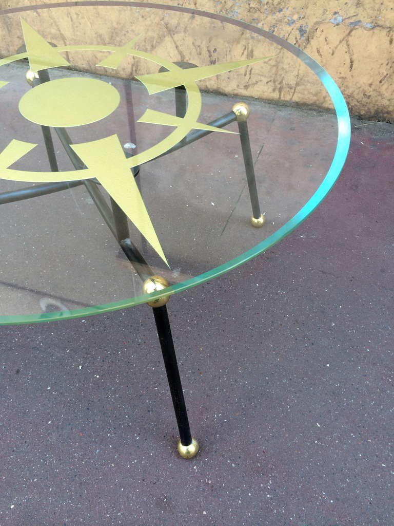 Mid-Century Modern Spectacular Atomic Coffee Table with a Compass Rose Engraved Glass Top For Sale