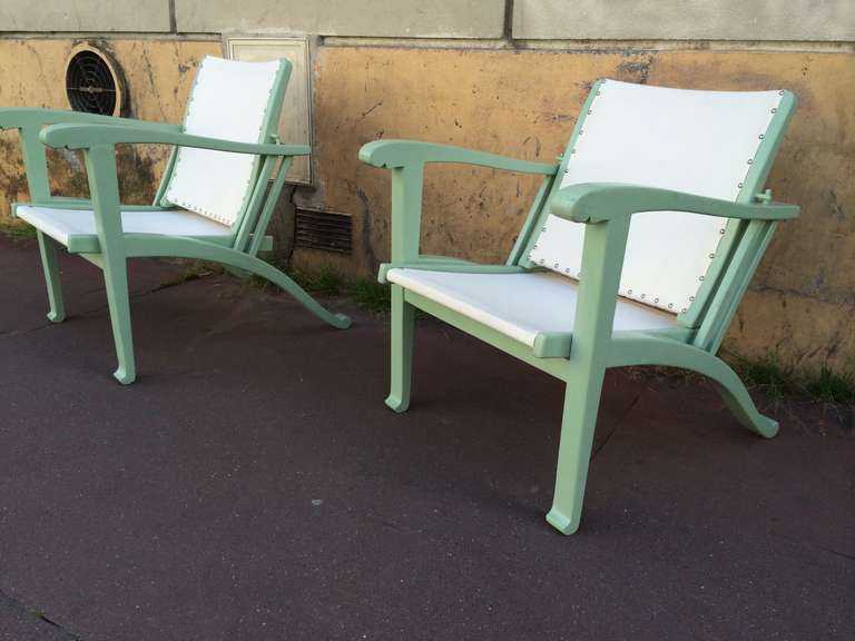 Rare Art Deco Pair of Garden Lounge Chairs in Pale Green Lacquer Color 2