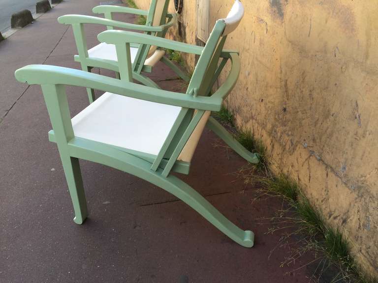 Mid-20th Century Rare Art Deco Pair of Garden Lounge Chairs in Pale Green Lacquer Color