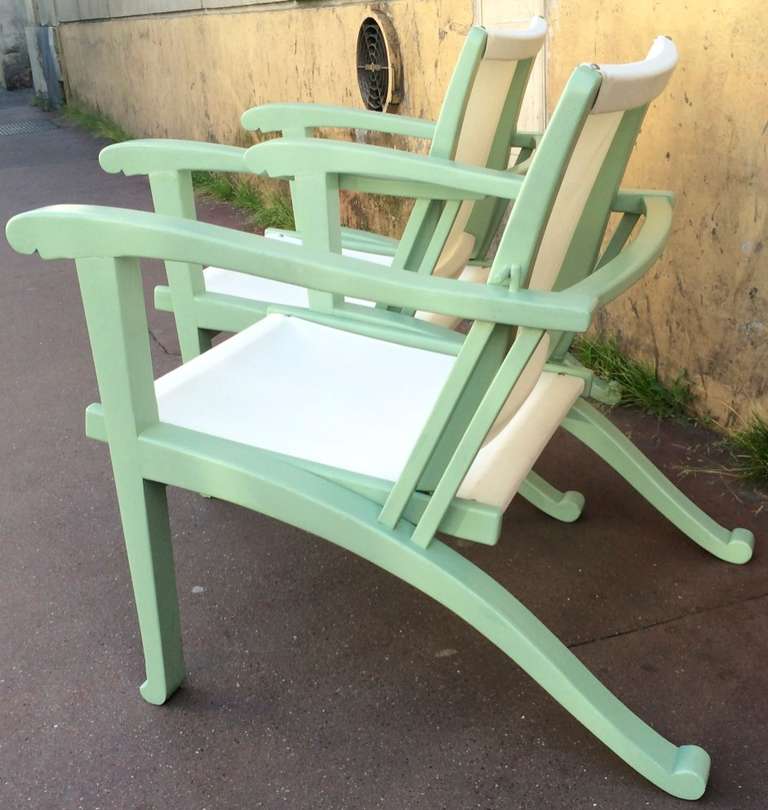 Rare Art Deco Pair of Garden Lounge Chairs in Pale Green Lacquer Color 3