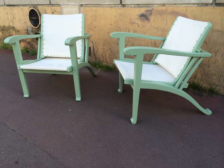 French Rare Art Deco Pair of Garden Lounge Chairs in Pale Green Lacquer Color