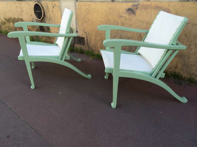 Mid-Century Modern Rare Art Deco Pair of Garden Lounge Chairs in Pale Green Lacquer Color