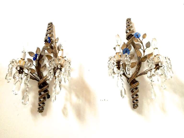 Banci Firenze Pair of Gold, Gilded Iron and Crystal Sconces