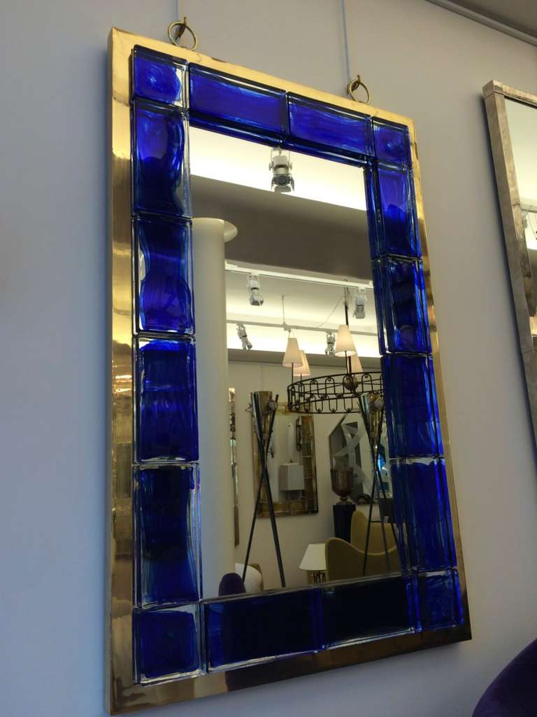 Andre Hayat Contemporary Mirror, Deep Blue Bricks with Gold Bronze Frame For Sale 3