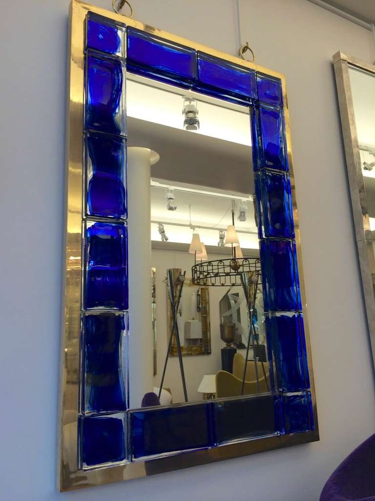 French Andre Hayat Contemporary Mirror, Deep Blue Bricks with Gold Bronze Frame For Sale