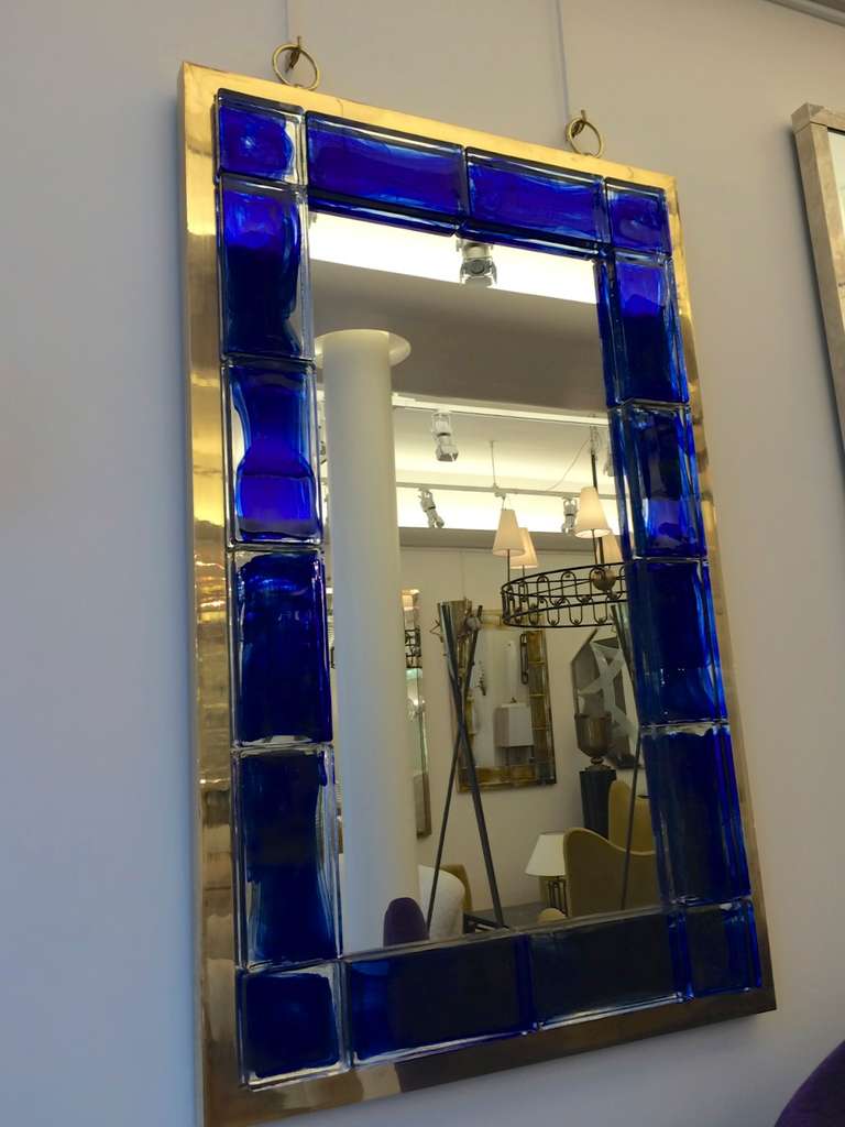 Andre Hayat Contemporary Mirror, Deep Blue Bricks with Gold Bronze Frame For Sale 2