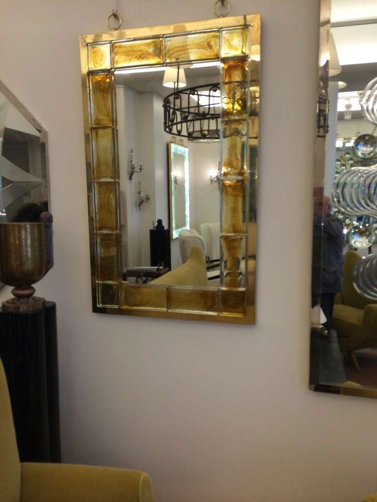 Andre Hayat Contemporary Mirror in Honey Gold Bricks with Gold Bronze Frame For Sale 4