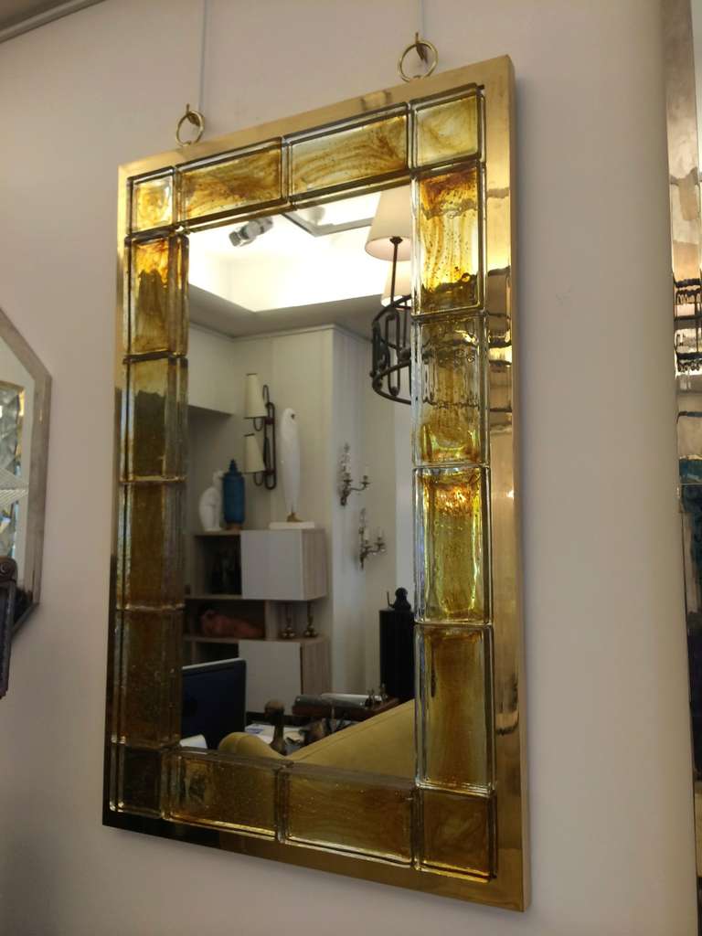 Andre Hayat Contemporary Mirror in Honey Gold Bricks with Gold Bronze Frame For Sale 3