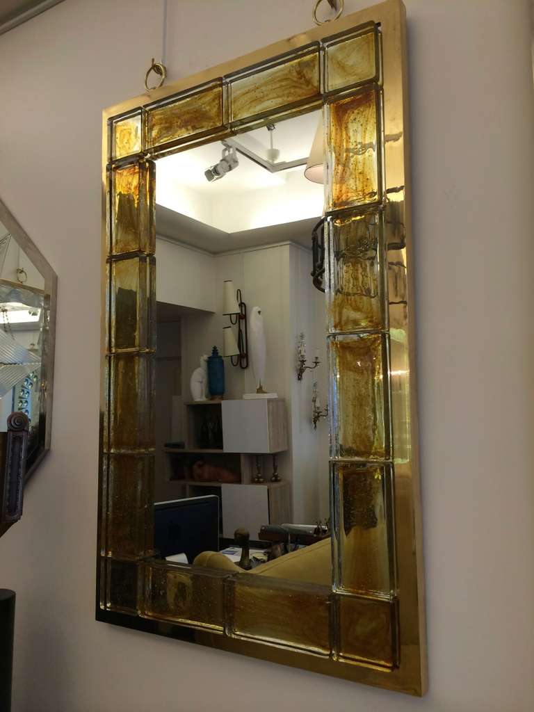 Andre Hayat Contemporary Mirror in Honey Gold Bricks with Gold Bronze Frame For Sale 1