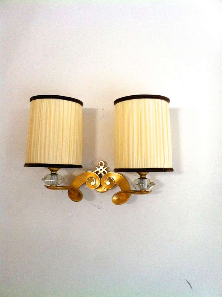 Jules Leleu Signed, Superb Quality Pair of Sconces in Gold Bronze and Crystal 3