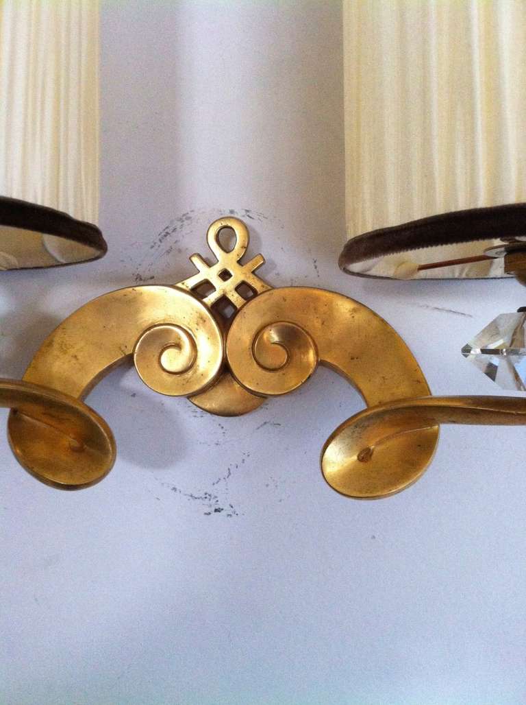 Mid-20th Century Jules Leleu Signed, Superb Quality Pair of Sconces in Gold Bronze and Crystal