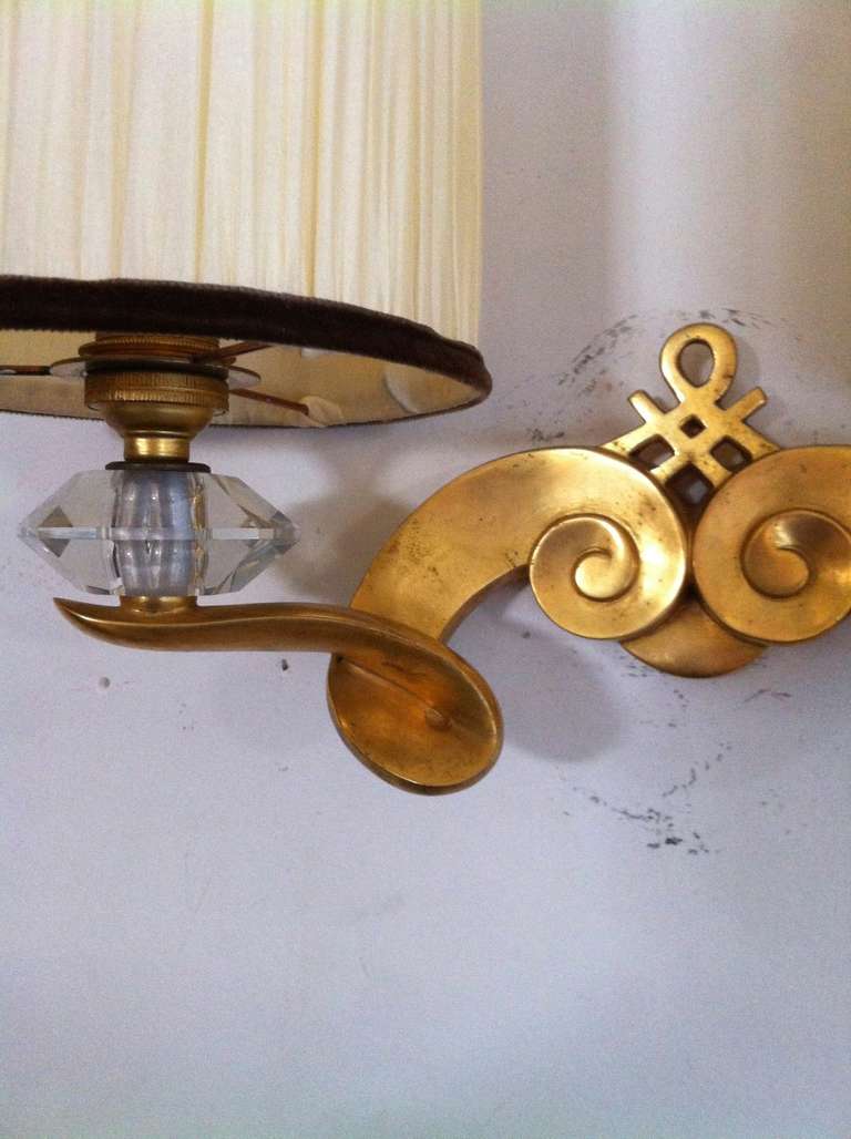 Jules Leleu Signed, Superb Quality Pair of Sconces in Gold Bronze and Crystal 1