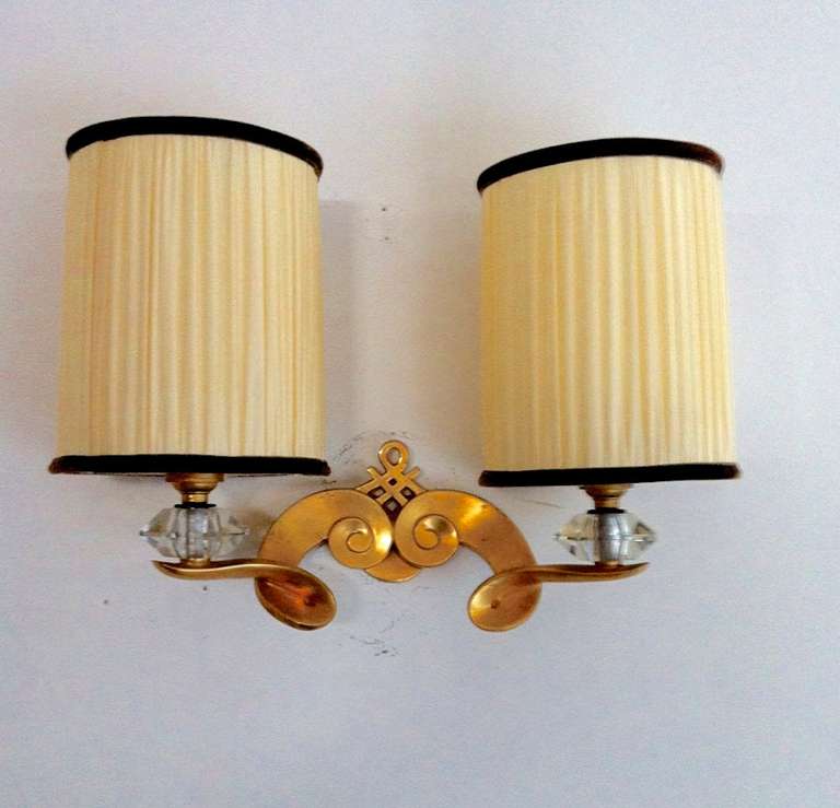 Mid-Century Modern Jules Leleu Signed, Superb Quality Pair of Sconces in Gold Bronze and Crystal
