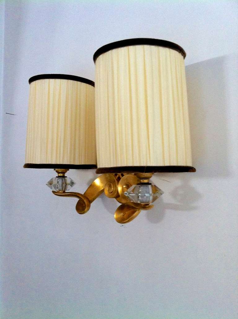 Jules Leleu Signed, Superb Quality Pair of Sconces in Gold Bronze and Crystal 4