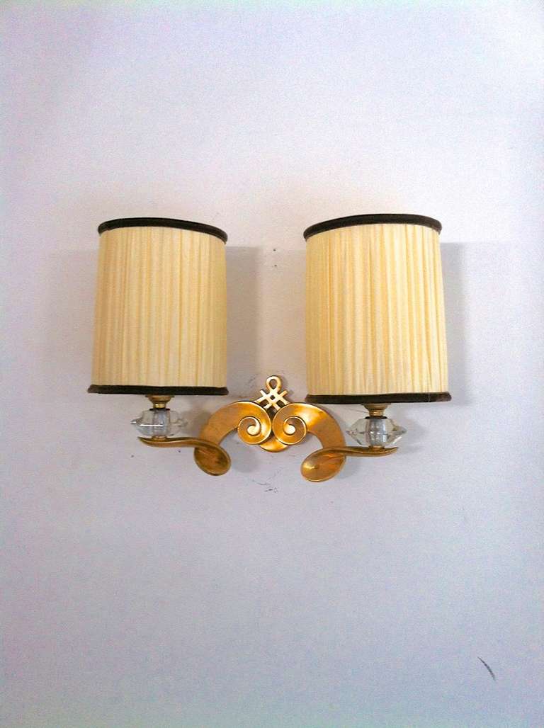 Jules Leleu Signed, Superb Quality Pair of Sconces in Gold Bronze and Crystal In Excellent Condition In Paris, ile de france