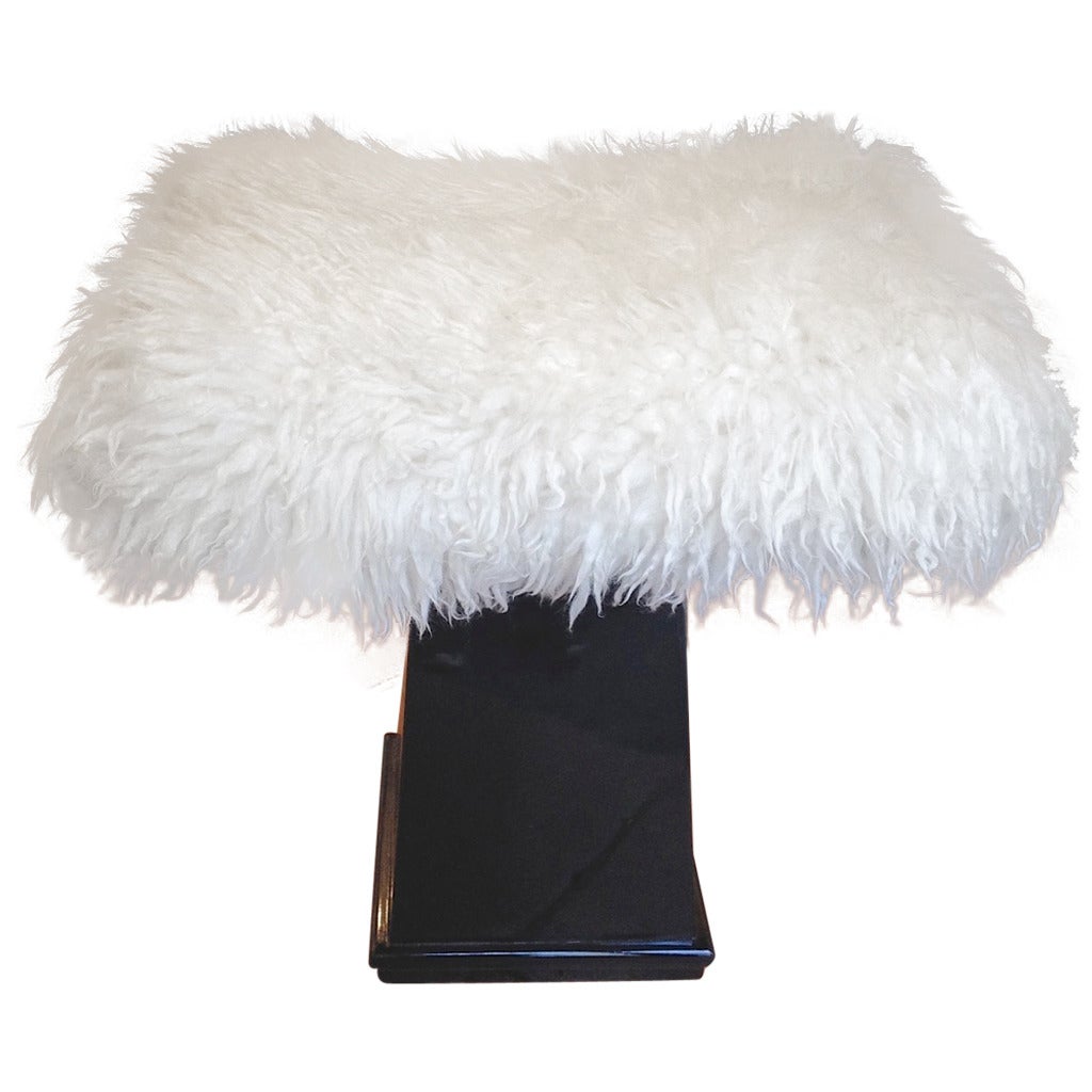 Spectacular Danish Stool in Black Lacquered Wood and Real Fur For Sale