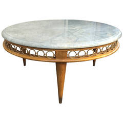 Jean Royère Ash Tree Tri-Leg Coffee Table with Marble Top and Gold Bronze