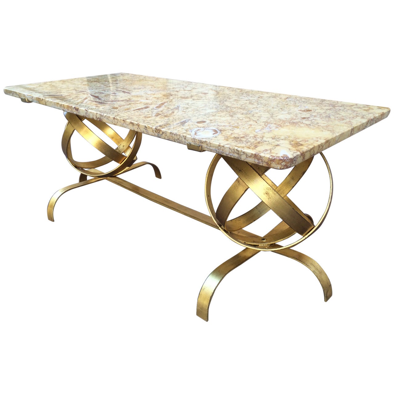 Spectacular Two Globes Gold Leaf Coffee Table with Fossil Marble Top For Sale