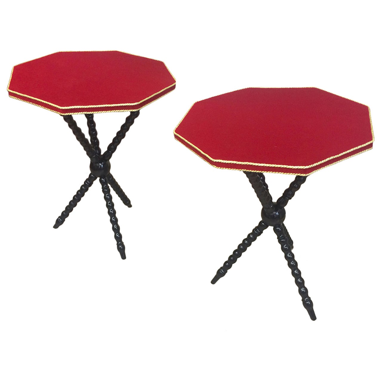 Pair of Neoclassic Side Tables with Red Velvet Top, 1940s For Sale