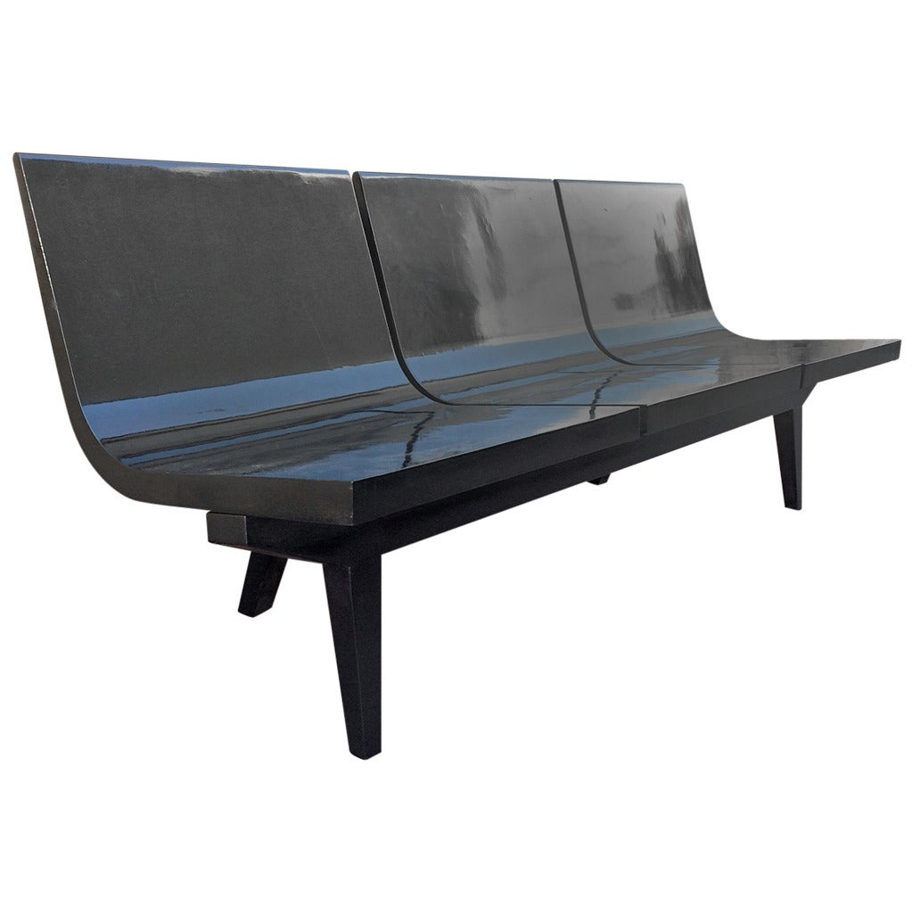 French Long 1950s Slipper Three-Seat Bench in Black Lacquered Wood For Sale