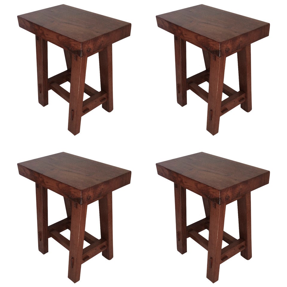 French Set of Four Organic Stools in Rustic Pine For Sale