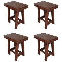 French Set of Four Organic Stools in Rustic Pine