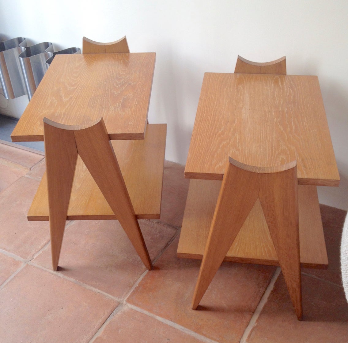 Maxime Old pair of two-tier side tables with scissors-design sides