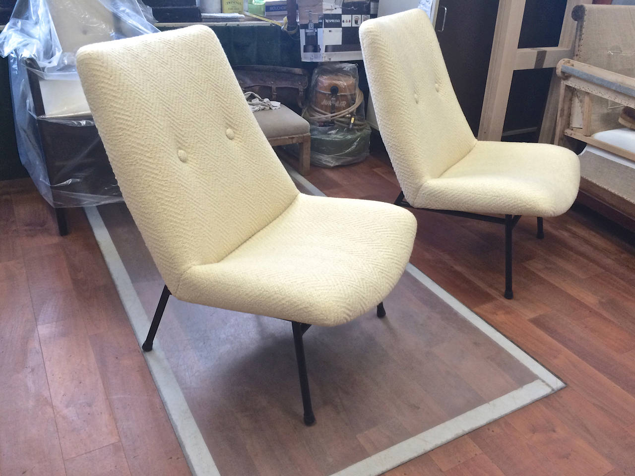 French Pierre Guariche Pair of Armchairs, Model SK660, Newly Covered in Chevron Alpaca For Sale